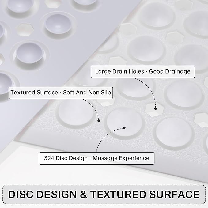 Non-Slip Bathtub and Shower Mats, Power Grip Bath Mat 35 x 16.3 Inch with Suction Cups and Drain Holes for Tub Bathroom Floor Safety, Machine Washable Soft Bathmat, White