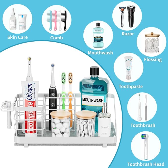 Toothbrush Holders Instant-Drying Organizer - Bathroom Countertop/Wall Mounted Electric Toothbrush Holder - Toothbrush Head Toothpaste Holder, Bathroom Counter Organizers and Storage, White