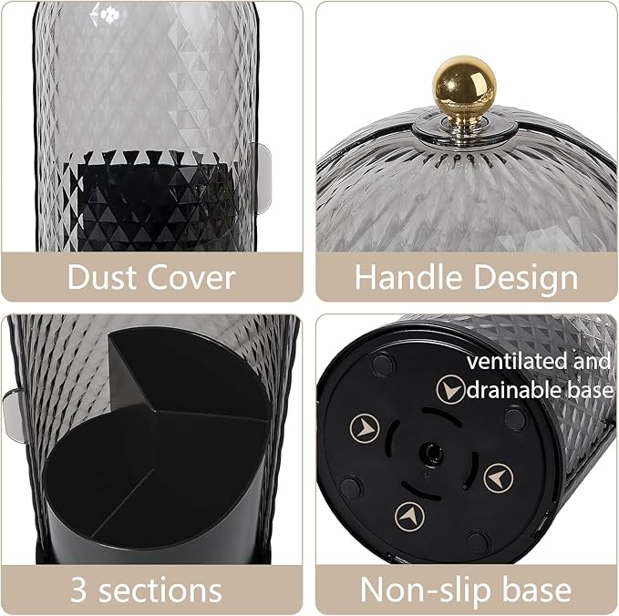 Toothbrush Holder with Cover for Bathroom Countertop, Rotating Organizer for Electric Tooth Brush and Toothpaste, 3-Slot Makeup Brush Storage, Self-Draining Vanity Counter Organizer, Black