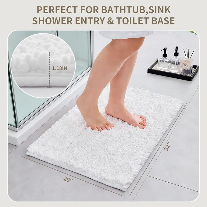 Bathroom Rugs Non Slip Washable 32x20, Extra Thick Soft Chenille Absorbent Bath Mat, High Density Barrier Non Slip Backing, Quick Dry Plush Shaggy Floor Carpet for Tub&Shower, White
