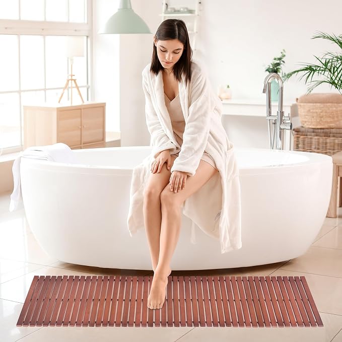 Bath Mat Bathroom Runner Long Large Rugs Floor Wood Shower Bathtub Waterproof Non Slip Accessories 16x34 Inch Easy to Clean, Natural, 1 pc