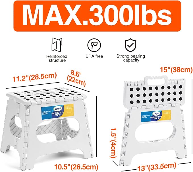 Korpai 11" Folding Step Stool for Adults and Kids Holds Up to 300 lbs,Non-Slip Folding Stools with Portable Handle, Compact Plastic Foldable Step Stool for Bathroom,Bedroom, Kitchen,White,1PC