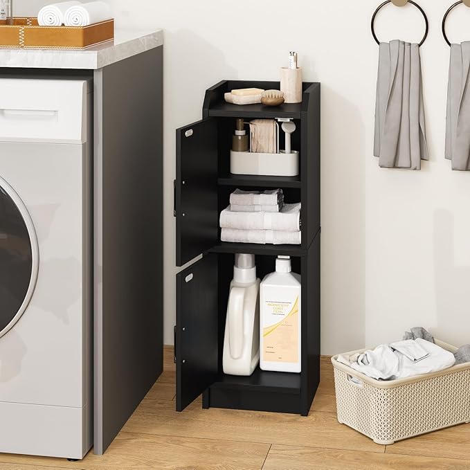 Narrow Bathroom Storage Cabinet with 2 Doors and Shelves, 9.8" W Small Storage Cabinet for Toilet Paper Storage, Slim Cabinet for Small Spaces, Bathroom, Kitchen, 9.8" W × 7.9" D × 29.5" H, Black