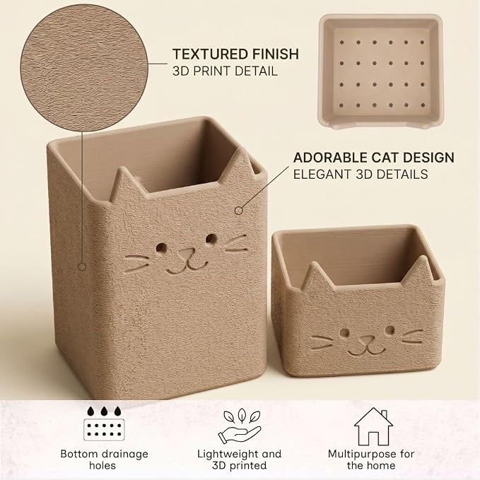 Office Desk Accessories, Set of 2 Pencil Cups, Cute Cat Pen Holder, Cute Desk Decor, Bathroom Organizer, Toothbrush Holders with Drainage, Makeup Brush Organizer, Cat Lover Gifts (Matte Latte Brown)