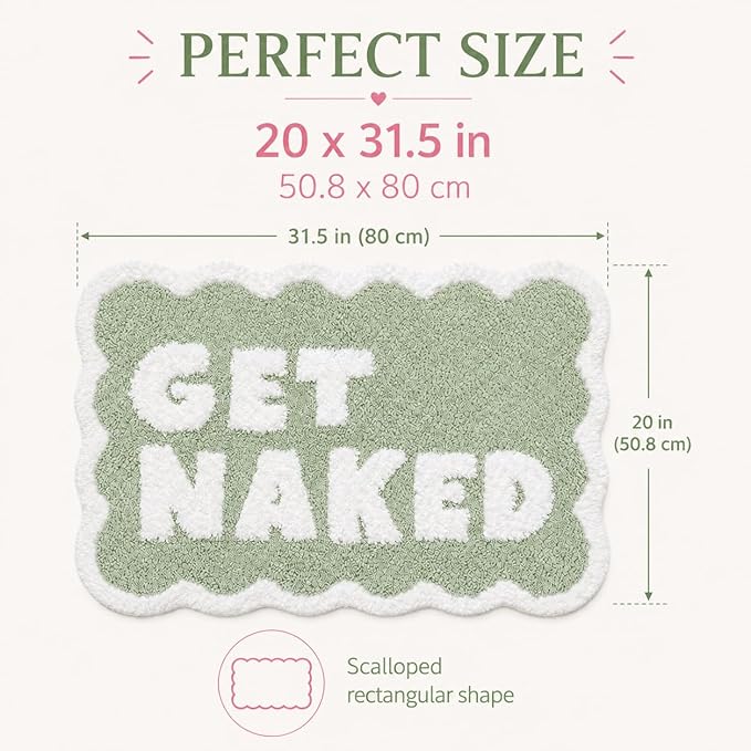 Scalloped Sage Green Bath Rug, Get Naked Cute Bathroom Rug, Soft Absorbent Quick Dry Bath Mat, TPR Non Slip Backing, Microfiber Mat for Shower Tub Sink Vanity 20" x 31.5"