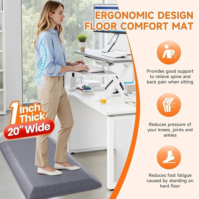 StepRite 1” Thick Kitchen Mats for Floor, Anti Fatigue Kitchen Rugs, Non-Slip,Heavy Duty Water Resistant Kitchen Rug, Standing Desk Mat for Friends, Family, Home, Kitchen, Office (39" x 20", Grey)
