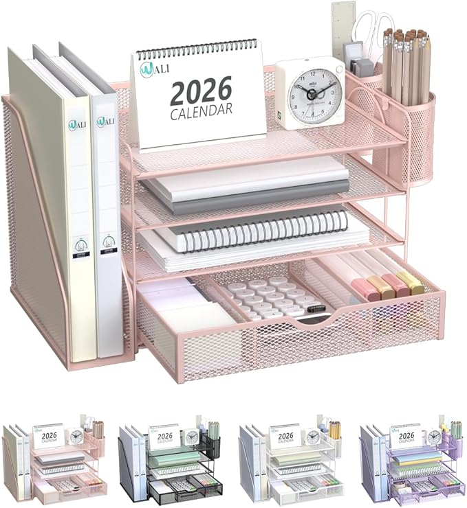 WALI Desk File Organizer, 4 Tier Desktop Paper Letter Tray Organizer with Drawer and 2 Pen Holders, Office Desk Accessories & Workspace Organizers for Office, Home Supplies(DO005DH-P), 1 Pack, Pink