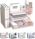 WALI Desk File Organizer, 4 Tier Desktop Paper Letter Tray Organizer with Drawer and 2 Pen Holders, Office Desk Accessories & Workspace Organizers for Office, Home Supplies(DO005DH-P), 1 Pack, Pink