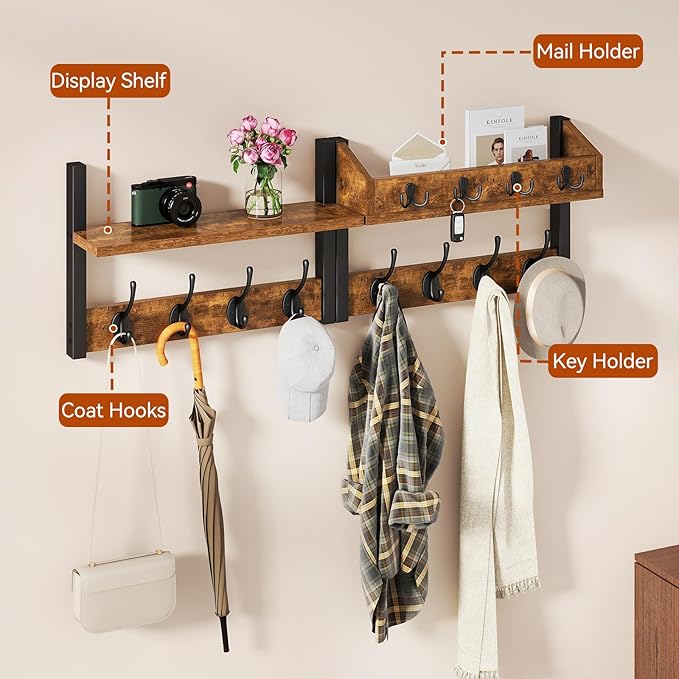 YMYNY 31.5" Coat Rack Wall Mount with Shelf, 4 in 1 Key and Coat Hanger with 12 Metal Hooks, Wall Shelf with Hooks & Mail Holder for Living Room, Bedroom, Rustic Brown, HWS007H-2