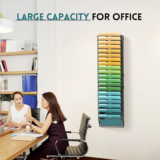SUPEASY 20 Tier Wall File Organizer, Hanging Wall Mounted Mail Organizer with Label Slots, Metal Mesh File Holder Magazine Rack for Office, Home, School or Classroom, Black
