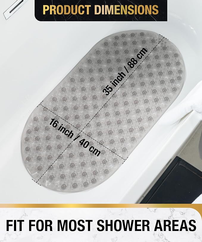 HITSLAM Bathtub Mat Non Slip, 35x16 Inch Bubble Oval Bath Tub Mat for Bathroom, Machine Washable Shower Mat with Suction Cups and Drain Holes, Grey