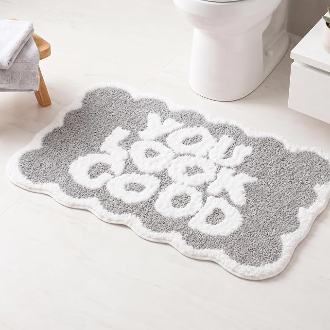 Scalloped Grey Bath Rug, You Look Good Cute Bathroom Rug, Soft Absorbent Quick Dry Bath Mat, TPR Non Slip Backing, Microfiber Mat for Shower Tub Sink Vanity 20" x 31.5"