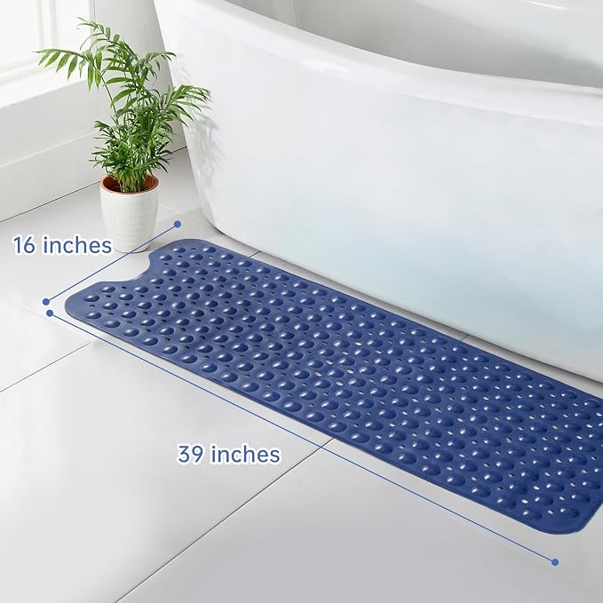 Wirhao Bathtub Mat Non Slip Shower Mat 39×16 Inches Bath Mat for Tub Machine Washable Tub Mat Large for Bathroom with Suction Cups and Drain Holes Blue