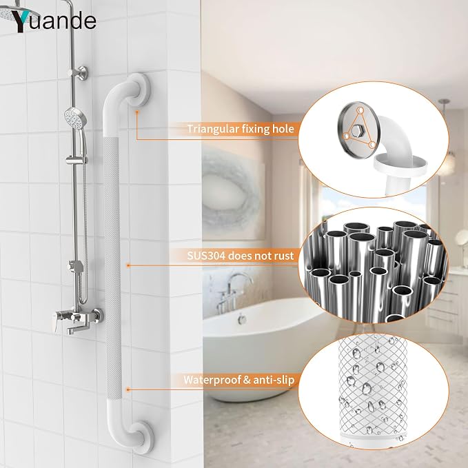 32 Inch White Shower Grab Bar with Anti-Slip Knurled Grip,YuanDe Stainless Steel Bathroom Grab Bars，Shower Handrail Support, Handicap Elderly Balance Assist Handles