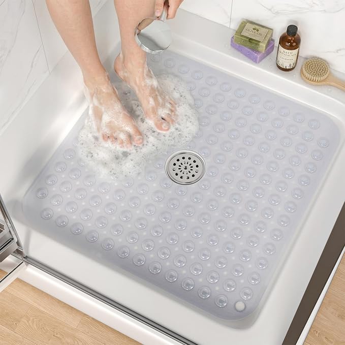 HITSLAM Shower Bathtub Mat Non Slip, 24"x 24" Bath Mat for Tub, Soft PVC Shower Mats for Inside Shower with Suction Cups and Center Drain Hole, Machine Washable Bathroom Floor Mat, Clear