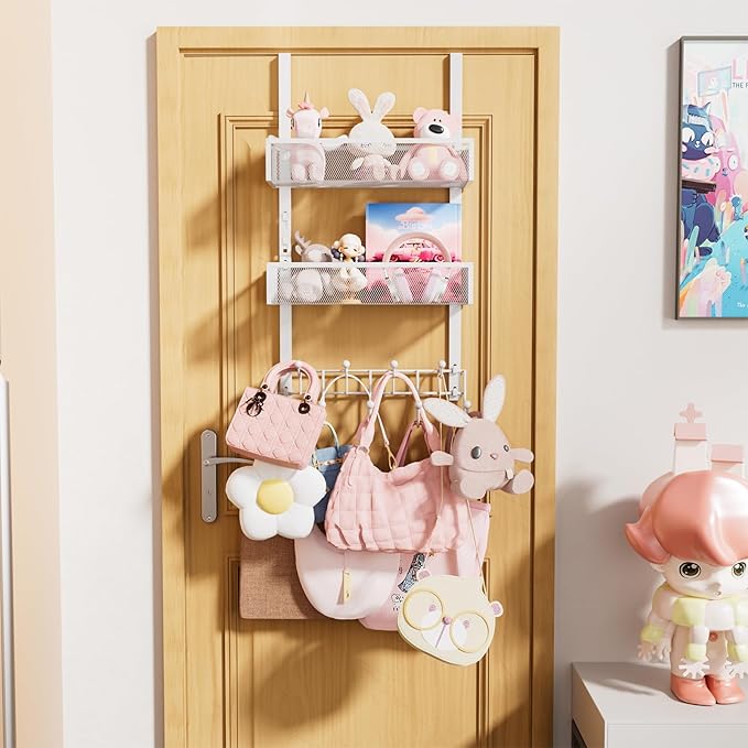 Consumest Over The Door Hooks Organizer - 3 Tier Door Hanger with 9 Coat Hooks & 2 Mesh Basket, Back Storage Organizer Hanging Towels for Bathroom, Bedroom, White