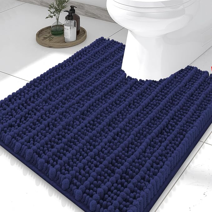 Smiry Bathroom Toilet Rugs U Shaped 24x20, Extra Soft Absorbent Non Slip Rubber Backing Chenille Contour Bath Rugs for Toilet, Machine Washable Contoured Bath Mats, Deep Blue