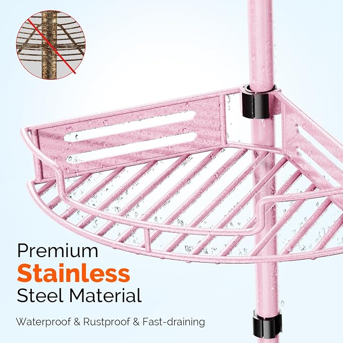 HAMITOR Corner Shower Caddy Tension Pole: Quick Installation 4-Tier Rustproof Bathroom Organizer Shelves for Bathtub Shampoo Storage - 47-121 inch Adjustable Floor Standing Bath Rack Holder - Pink