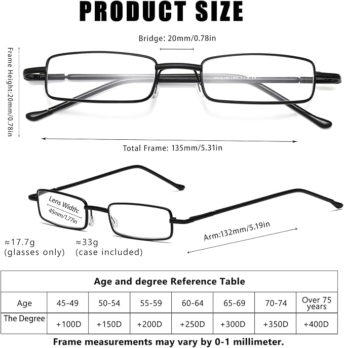 Viseng Slim Mini Metal Reading Glasses Compact Lightweight Portable Readers with Glasses Case for Reading Case,Black+Blue+3.0