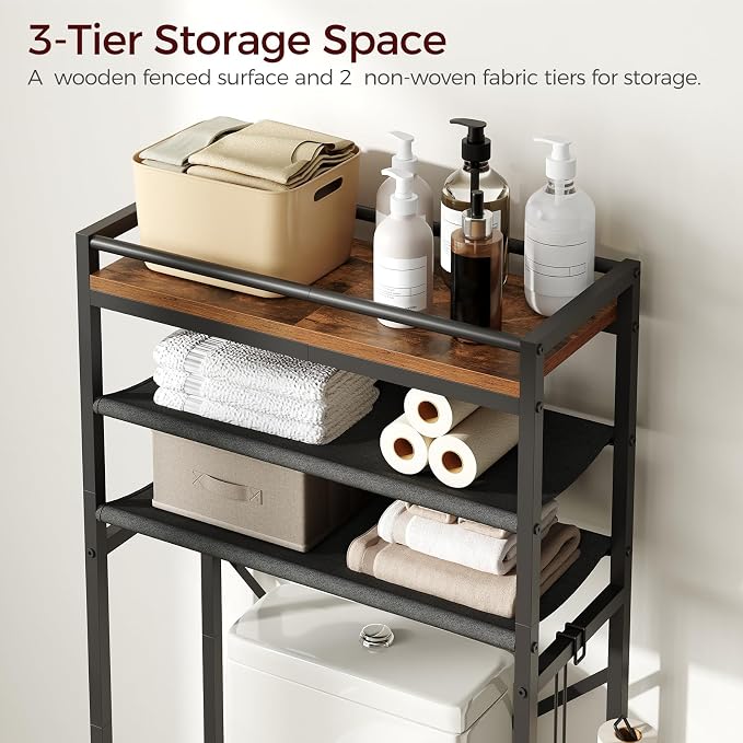 MAHANCRIS Over Toilet Storage, 3-Tier Bathroom Organizer Shelf with Toilet Paper Holder, Freestanding Space Saver Bathroom Shelves Above Toilet for Bathroom, Laundry Room, Rustic Brown TSHR1201