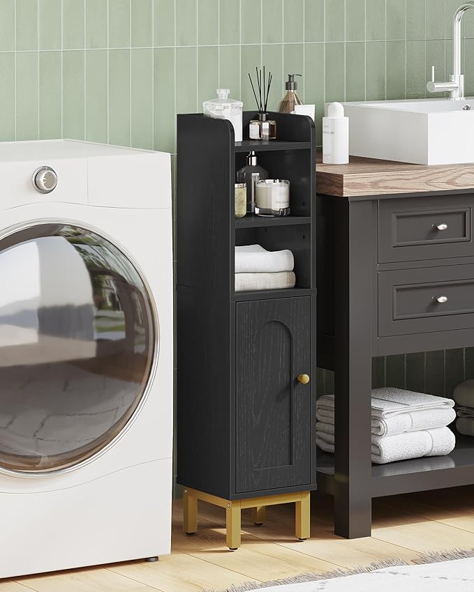 Hzuaneri Bathroom Storage Cabinet, Small Corner Floor Cabinet with Door and Shelves, Narrow Toilet Paper Holder, Bathroom Organizer with Adjustable Shelf, for Small Spaces, Black BC08206X