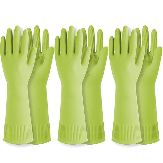 DABOGOSA Reusable Waterproof Household Dishwashing Cleaning Rubber Gloves, Non-Slip Kitchen Glove (Green, Medium (Pack of 3))