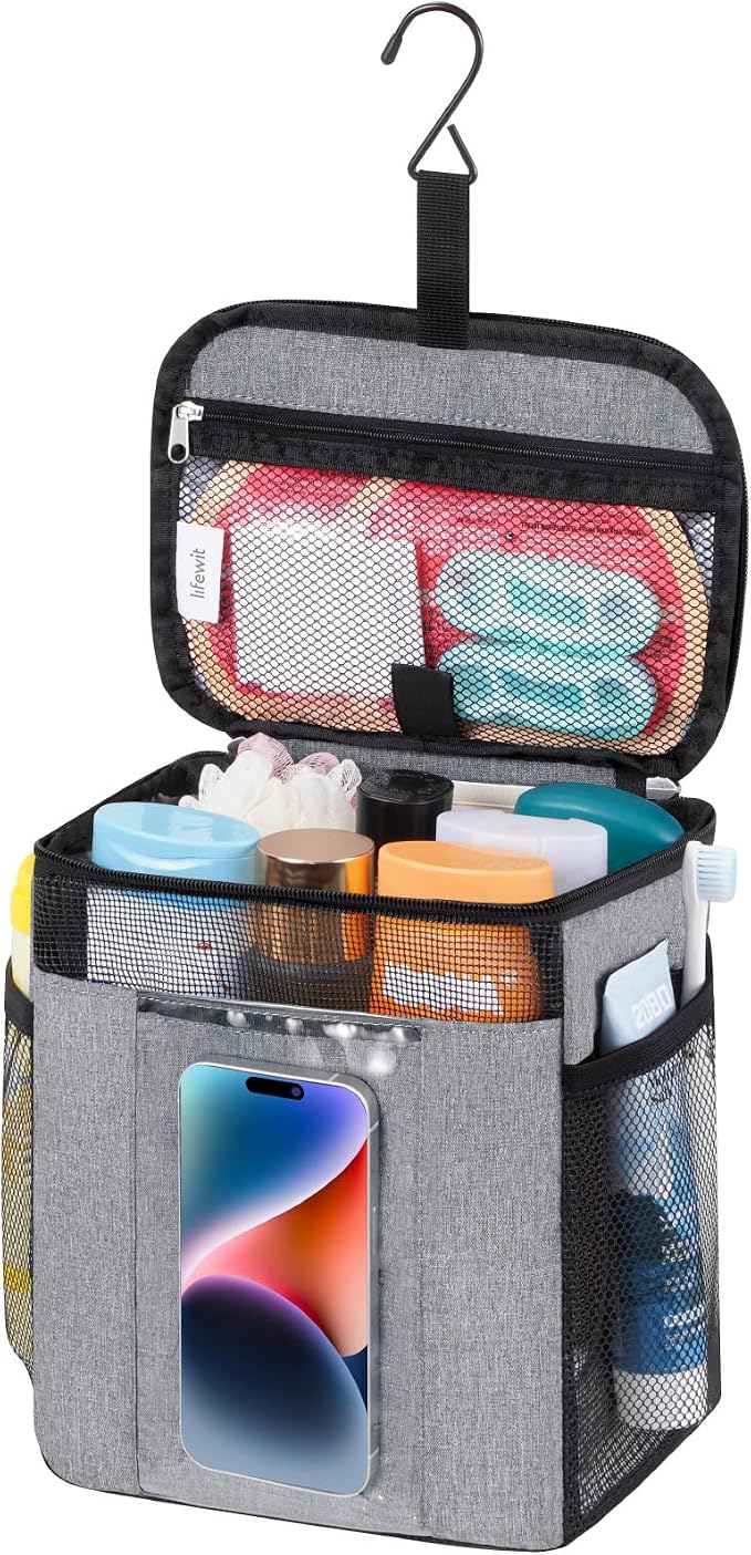 Lifewit Mesh Shower Caddy Bag Portable, Quick Dry Hanging Bathroom Organizer with PVC Phone Bag, College Dorm Room Essentials for Travel, Gym, Camping, Toiletry Tote for Women Men, Medium, Grey