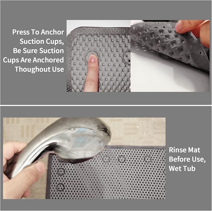 Shower and Bath Mat,Non-Slip Machine Washable and Extra Large Bathtub Mats with Drain Holes and Suction Cups Soft Foam Tub Mats-36” X 17”,Grey