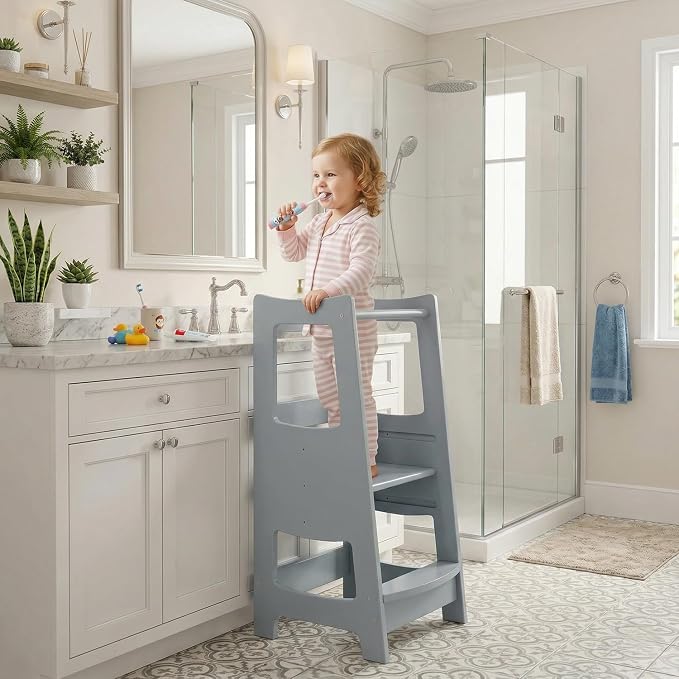 EGREE Modern Gray Wooden Toddler Kitchen Tower Step Stool- 3 Heights Adjustable Montessori Learning Tower Step Up Stool with Safety Rails - Kids Kitchen Helper Stand for Cooking & Bathroom