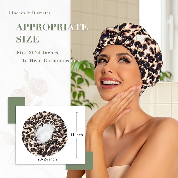 Reusable Shower Cap for Women, Large Waterproof Shower Bonnet with Elastic Band, Washable Bath Hair Cap for Long, Curly Hair, Braids, Daily Shower, Home Spa, Travel(Leopard)