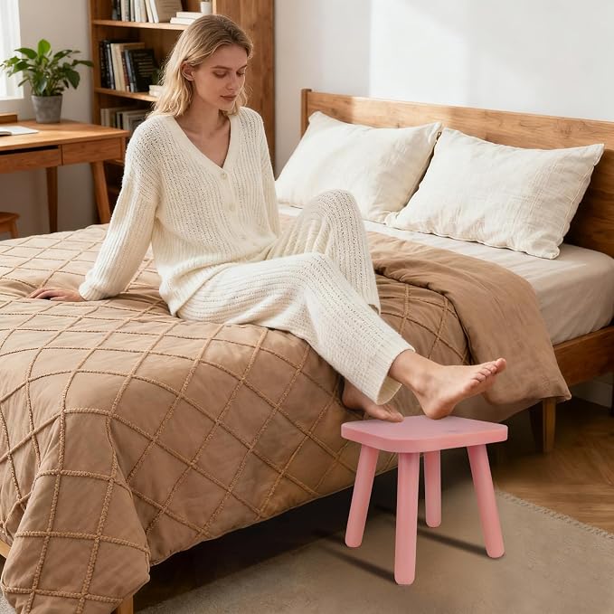 BEE&OAK 11 Inch Wooden Step Stools for Adults, Solid Rubber Wood Non-Slip Step Foot Stool, Heavy Duty 300 lbs One Step Stool for Bedroom, Bathroom, Kitchen,Outdoor (Pink)