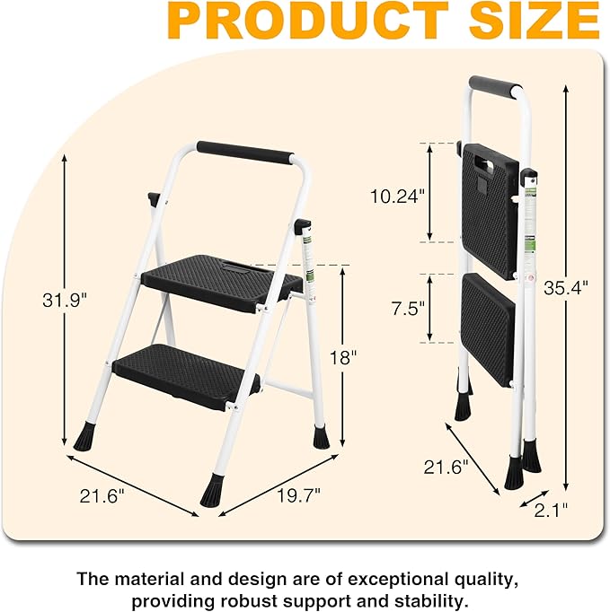 Step Ladder, Portable Steel Folding Step Stool with Wide Anti-Slip Pedal & Convenient Handgrip, Sturdy Steel Ladder, 2-Step, White