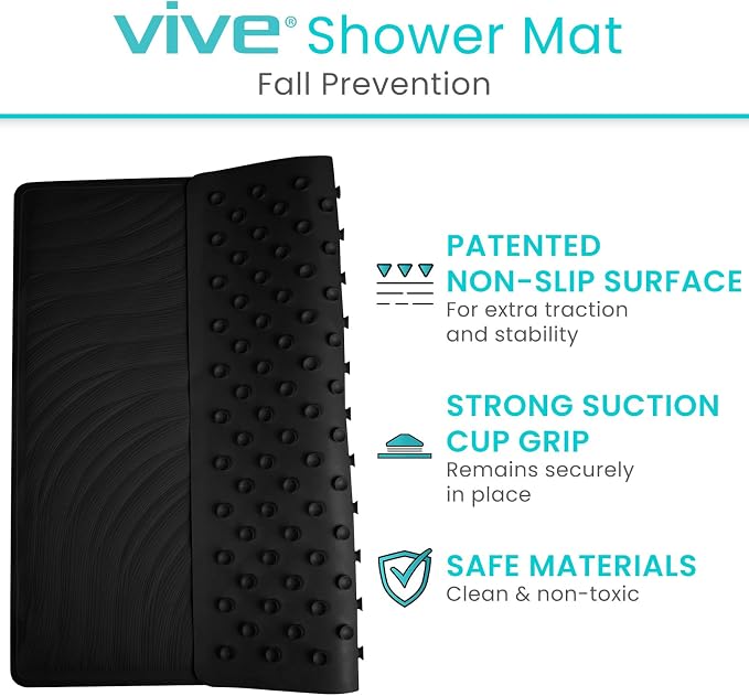 Vive Shower Mat - 22" by 22" Square Non Slip Large Bath Mat for Bathtub - Patented Design - Suction Cup Traction Skid Pad for Stalls Floors Tub - Textured Rubber with Drain Hole