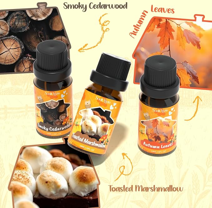 Soulorigin Fall Cozy Cabin Fragrance Oils Set, Essential Oil for Diffuser, Use for Soap Candle Making-Smoky Cedar Wood, Roasted Marshmallows, Autumn Leaves, Warm Flannel, Fireplace Time, Pumpkin Patch