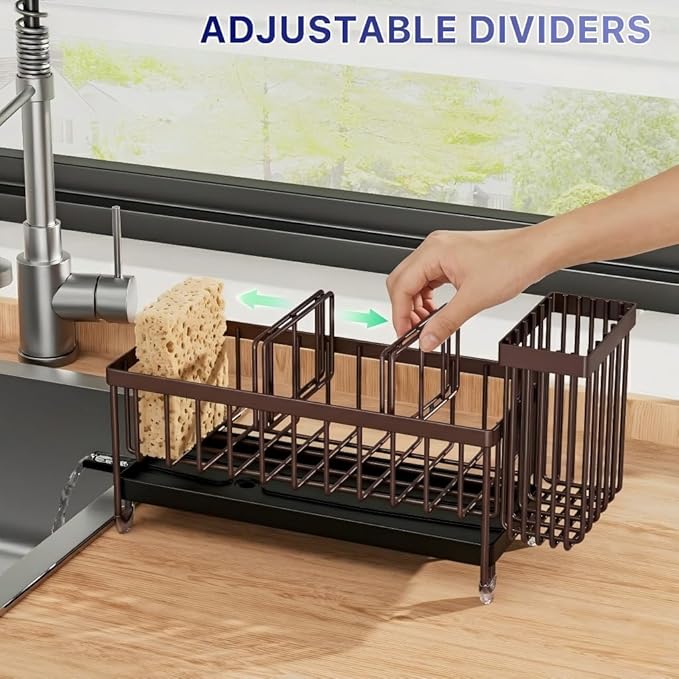 Cisily Brown Sponge Holder for Kitchen Sink, Sink Caddy Organizer with High Brush Holder, Kitchen Countertop Organizers and Storage Essentials, Rustproof 304 Stainless Steel, Soap Dispenser Organize