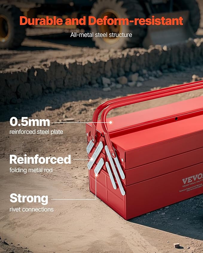 VEVOR Metal Tool Box, 18-inch, 3-Tier 5-Tray Portable Folding Tool Chest Organizer with Handle & Lock Hole, Powder Coated Steel, Cantilever Toolbox for Household Factory Warehouse Repair Shop, Red
