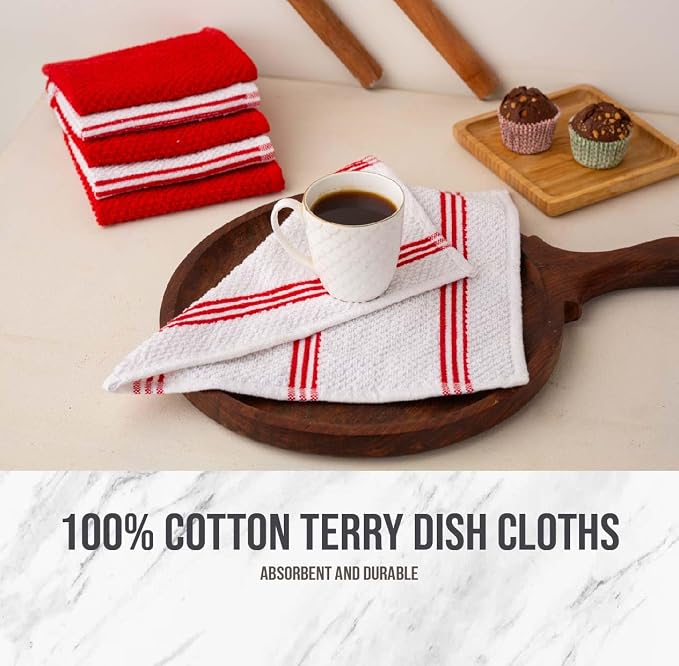 LANE LINEN 16 Pc Kitchen Dish Towels Set - 6 Absorbent Terry Kitchen Hand Towels, 6 Dish Cloths for Washing Dishes, 2 Silicone Grip Potholders & 2 Silicone Oven Mitts - Red