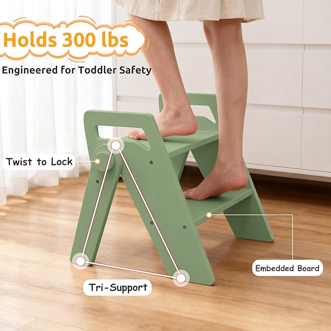 Wooden 2 Step Stool for Toddler Kids Bathroom Foldable 2-Step for Toilet Potty Training, Child Stepping Stool for Kitchen Nursery Bedroom Green