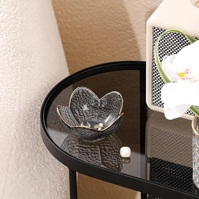 Grey Flower Jewelry Dish Glass Ring Dish Jewelry Tray Cute Vanity Organizer Room Decor Aesthetic Nightstand Bathroom Decor Trinket Dish Ring Holder Dish House Warming Gifts Stocking Stuffers for Women