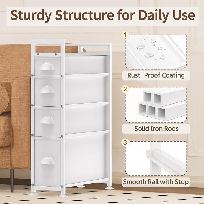 LASZOLA 4 Drawer Narrow Slim Cabinet Skinny Storage Tower Chest, Ideal for Small Spaces, Between Washer and Dryer, Lightweight Mobile on Wheels, Sturdy Fabric Drawers, White