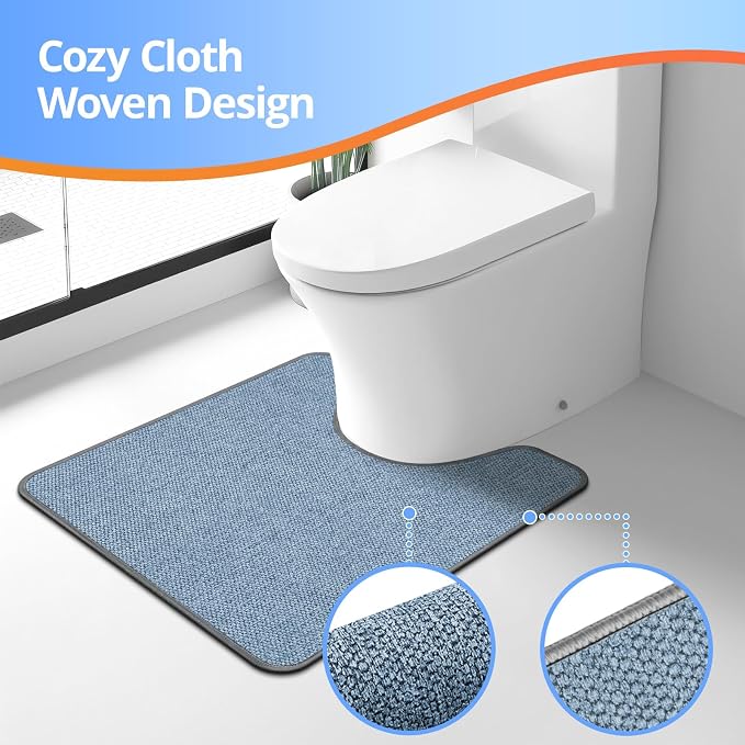 HOMTEB Toilet Rugs U Shaped Washable 24x20, Ultra Thin Toilet Rug Super Absorbent, Toilet Mat Rubber Backing Non-Slip, Toilet Mats Machine Washable Dry Quickly, Contour Bathroom Rugs for Toilet-Blue
