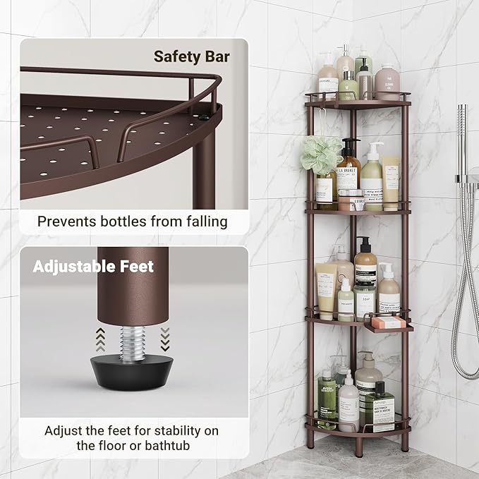 ELYKEN Corner Shower Caddy Standing, 4 Tier Rustproof Metal Shower Organizer with Soap Holder, Floor Shower Corner Shelf Rack Storage Stands with Adjustable Feet & 2 Hooks for Bathroom, Bronze