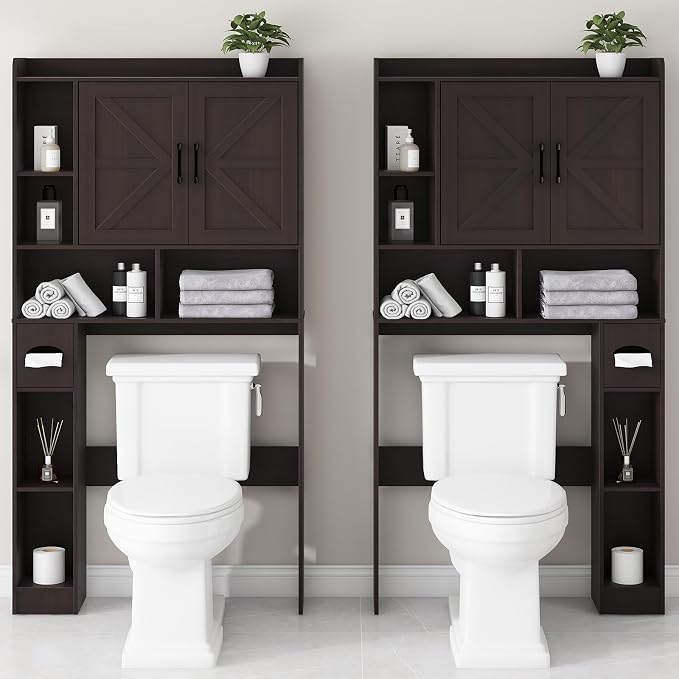 Vabches Over The Toilet Storage Cabinet, Farmhouse Storage Cabinet Over Toilet with 2 Barn Door & Toilet Paper Holder Stand，Home Space-Saving Toilet Rack, for Bathroom, Restroom, Laundry.Caramel