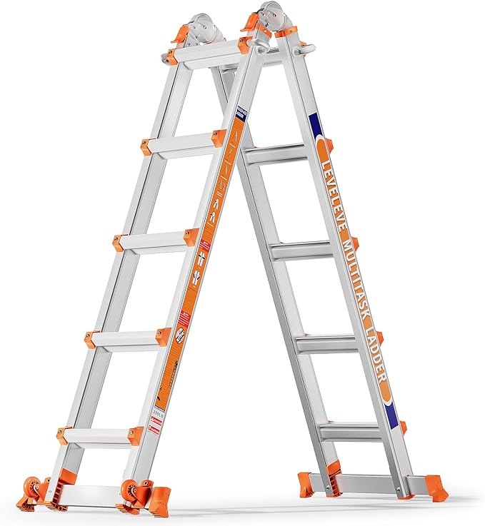 LEVELEVE Telescoping A Frame Ladder, 17FT Multi Position Ladder with Stabilizer Bar & Wheels,330 lbs Security Load for Stairs Home Indoor Outdoor Roof