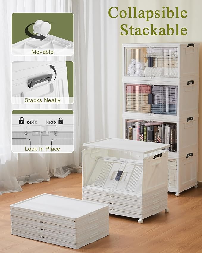 OlarHike 76QT Lockable Storage Bins with Lids - Folding Storage Box with Doors & Wheels, Collapsible Plastic Bins for Home, Dorm, Closets, Office, School, Stackable Containers, 4 Pack Cubes