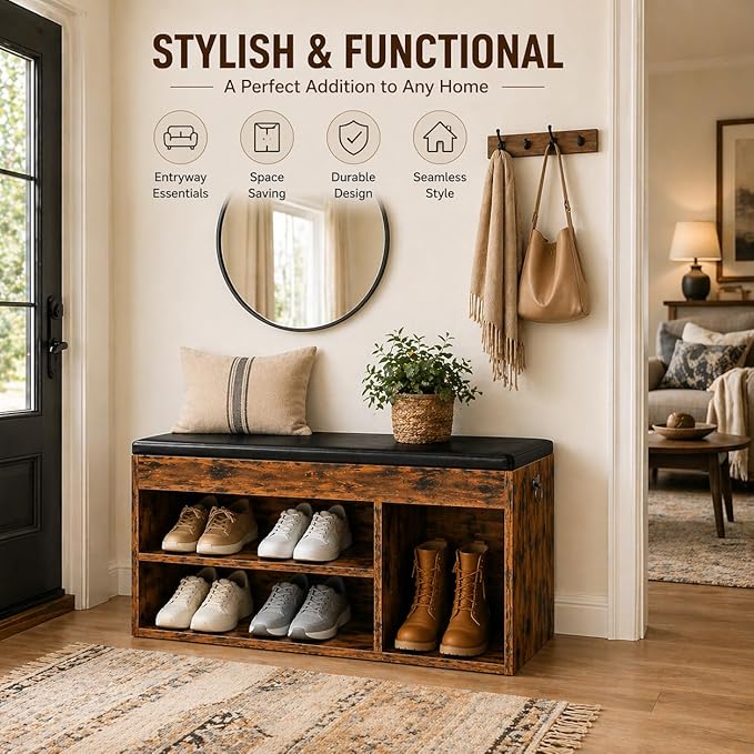 HOOBRO Shoe Storage Bench with Cushion, 32.3'' Entryway Bench with Lift Top Hidden Storage and Adjustable Shelves, Wooden Shoe Rack Bench for Entryway Bedroom, Rustic Brown and Black BF40HX01