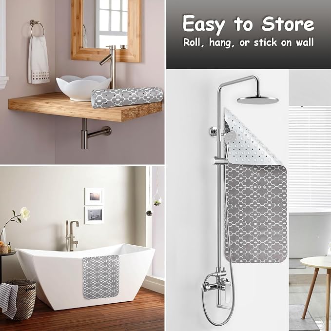 Bathtub Mat Non Slip, Grey Extra Long Bath tub Mat Shower Floor Mat with Suction Cups and Drain Holes for Adults Kids Elderly 40 X 16 Inch