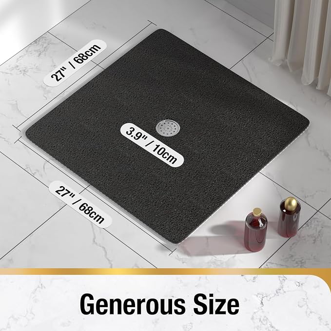 HITSLAM Square Shower Mat, 27 x 27 Inch Non Slip Bath Mat for Tub, Soft PVC Loofah Bathtub Mats with Drain Holes, Quick Drying Bathroom Stall Floor Mat, Bathroom Accessories Without Suction Cup, Black