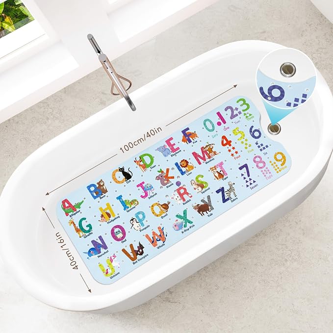 SHUCHING Baby Bath Mat for Tub Non Slip-40 X 16 Inch, Kids Bathtub Mat Mold Free, Shower Mat Anti Slip for Bathroom, Machine Washable, Alphabet