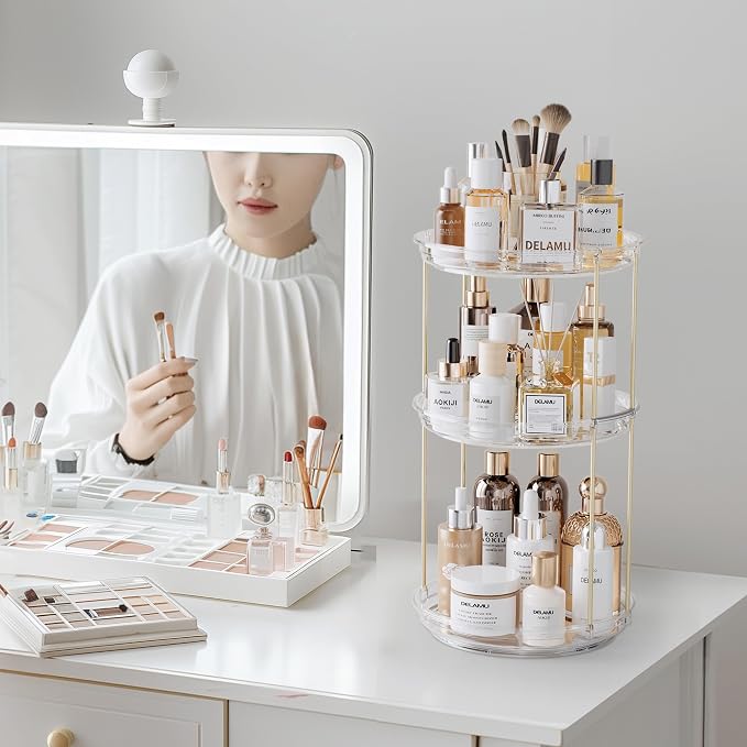 Delamu 3 Tier Rotating Makeup Organizer for Vanity, Bathroom Counter Organizer with Stackable Design, Spinning Skincare Organizer for Bathroom Countertop, Perfume Cosmetic Storage, Clear
